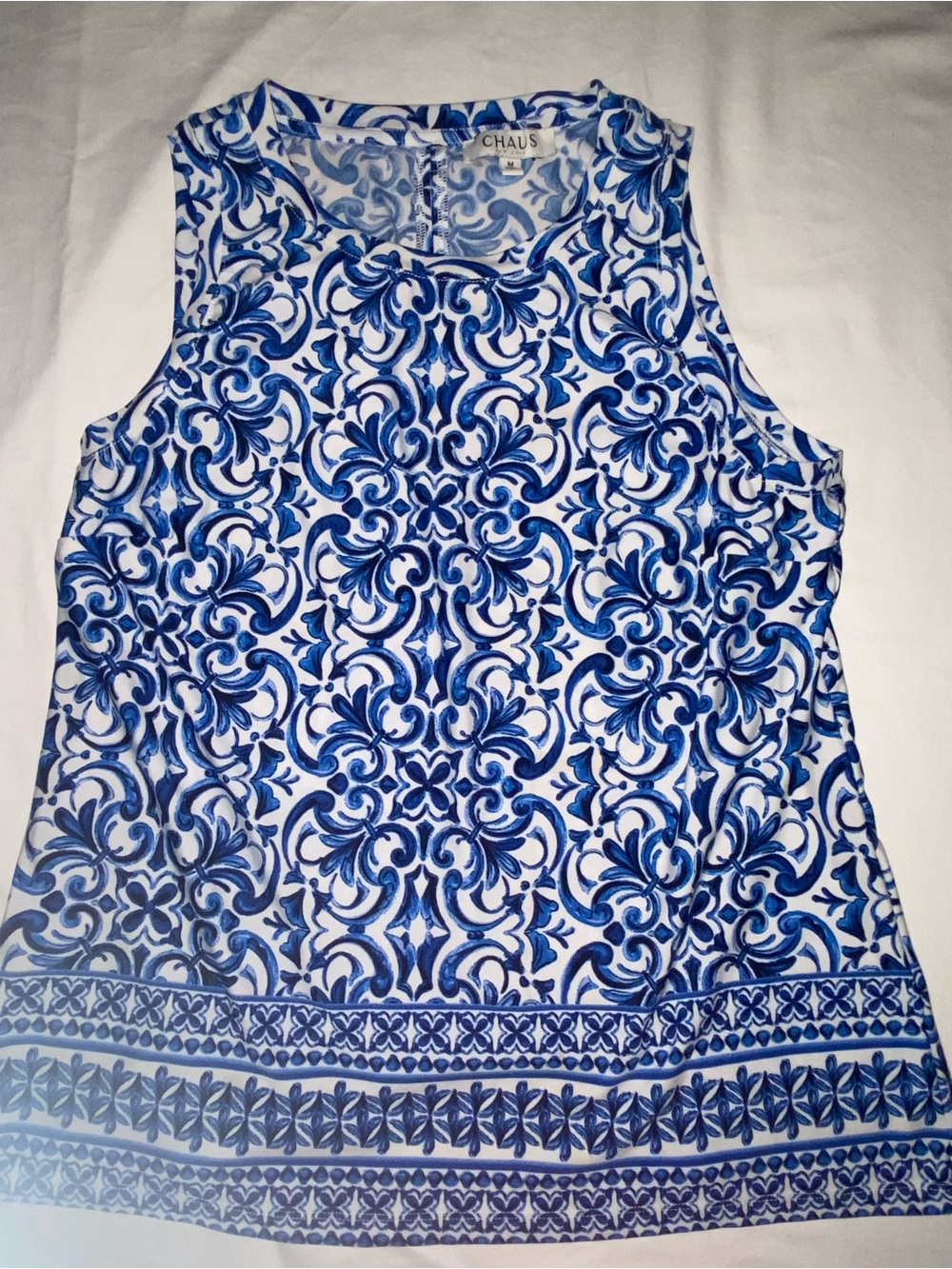 Chaus White and Blue Ornamental Sleeveless Tank